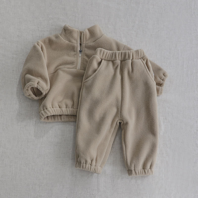 幼児用無地ハーフジップフリーストップス＆パンツ2点セット - ベージュ - 5-6Y - image 2