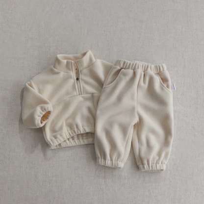 幼児用無地ハーフジップフリーストップス＆パンツ2点セット - クリーム - 5-6Y - image 3