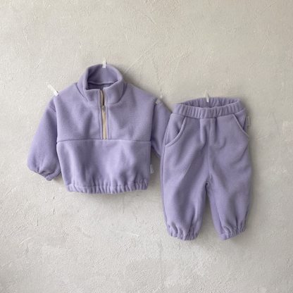 幼児用無地ハーフジップフリーストップス＆パンツ2点セット - 紫 - 5-6Y - image 6