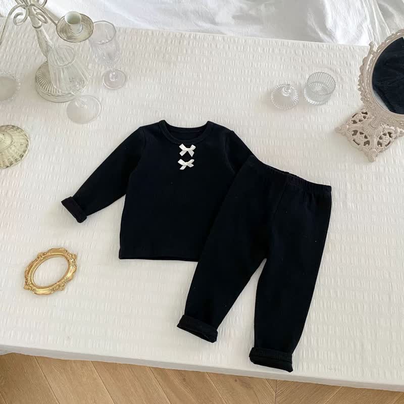 ベビーガール用リボン付きリブ編み長袖ラウンジトップ＆パンツ2点セット - 黒 - 6～7歳 - image 3