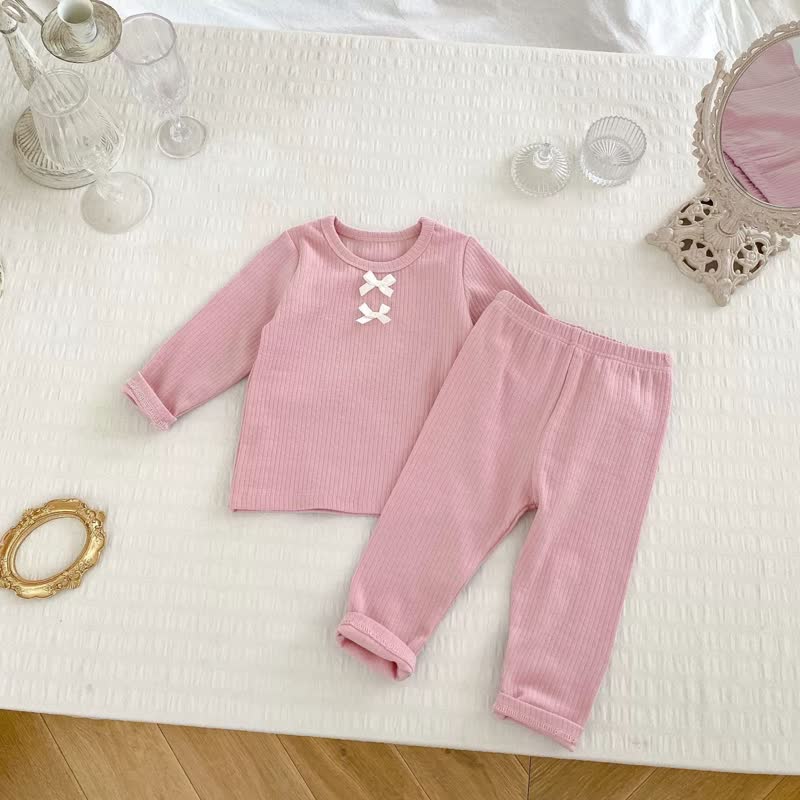 ベビーガール用リボン付きリブ編み長袖ラウンジトップ＆パンツ2点セット - ピンク - 6～7歳 - image 4