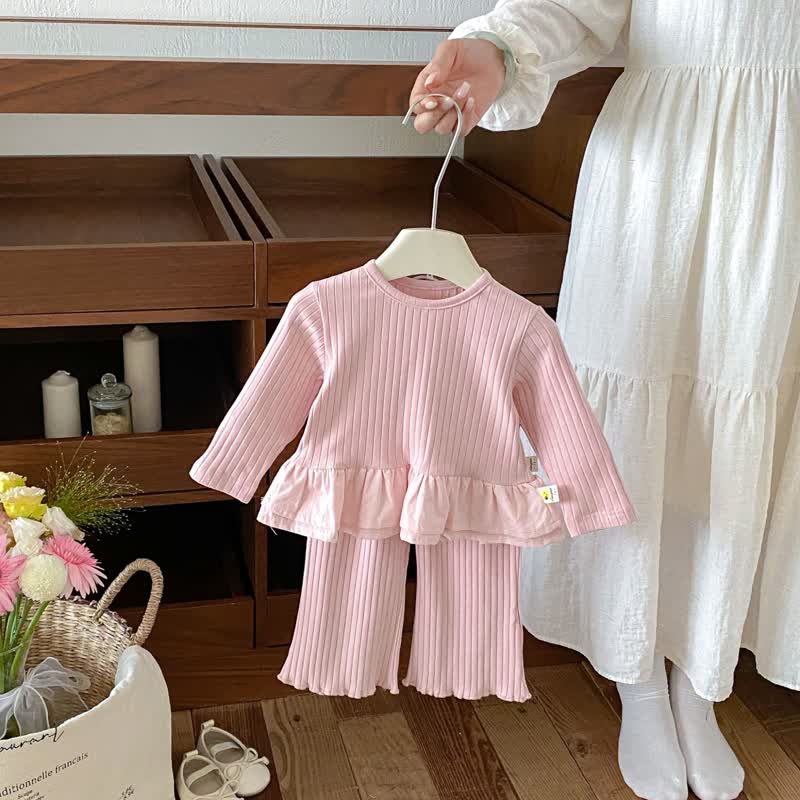 ベビー用無地長袖ペプラムトップス＆パンツ2点セット - ピンク - 3～4歳 - image 3