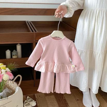 ベビー用無地長袖ペプラムトップス＆パンツ2点セット - ピンク - 3～4歳 - image 3