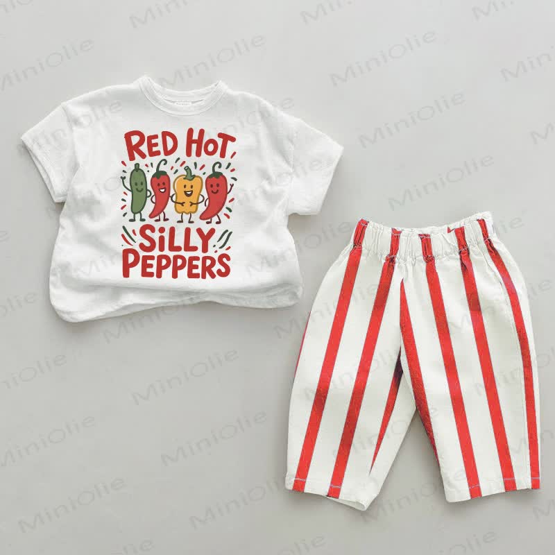 RED HOT SILLY PEPPERSベビー ホワイト＆レッド 縦縞 2点セット - 白と赤 - 4～5歳 - image 1