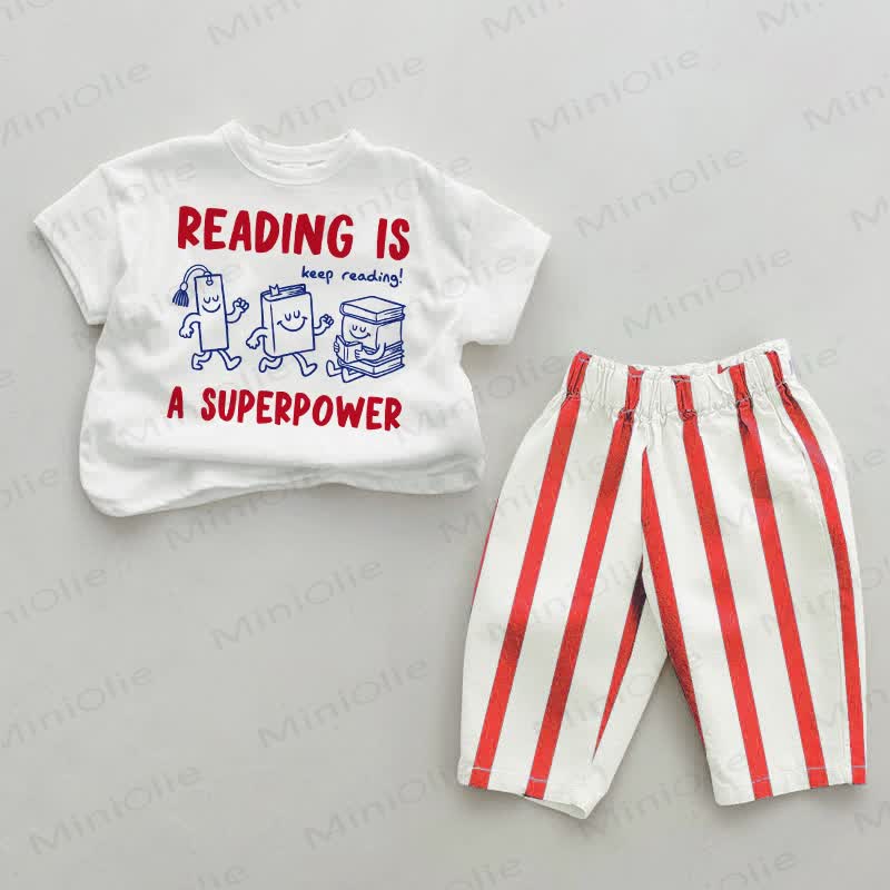 READING IS A SUPERPOWER！ベビー用白赤縦ストライプ2点セット - 白と赤 - 4～5歳 - image 1