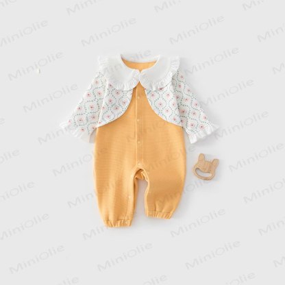 ベビー用花柄フリル襟ワッフル長袖ロンパース - オレンジ - 18～24ヶ月 - image 6