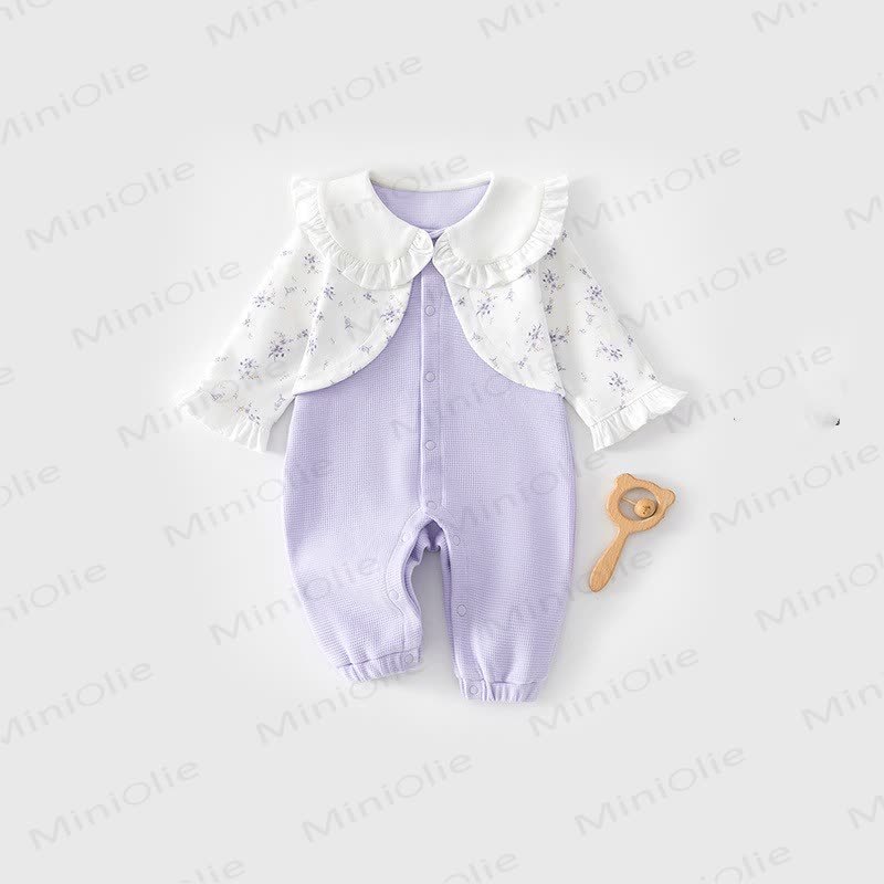 ベビー用花柄フリル襟ワッフル長袖ロンパース - 紫 - 18～24ヶ月 - image 1
