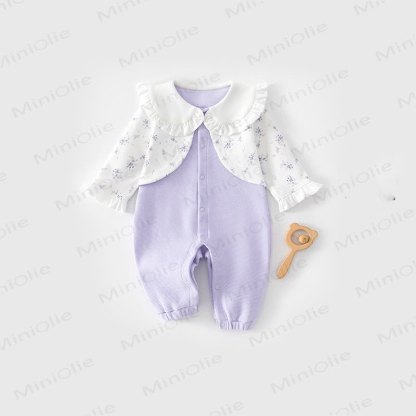 ベビー用花柄フリル襟ワッフル長袖ロンパース - 紫 - 18～24ヶ月 - image 1
