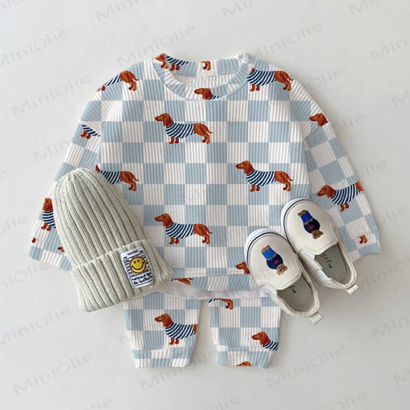ダックスフンド柄チェック柄ワッフル生地のベビー服2点セット - 白 - 2～3歳 - image 1