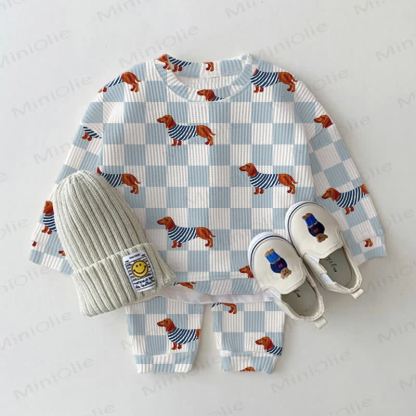 ダックスフンド柄チェック柄ワッフル生地のベビー服2点セット - 白 - 2～3歳 - image 1