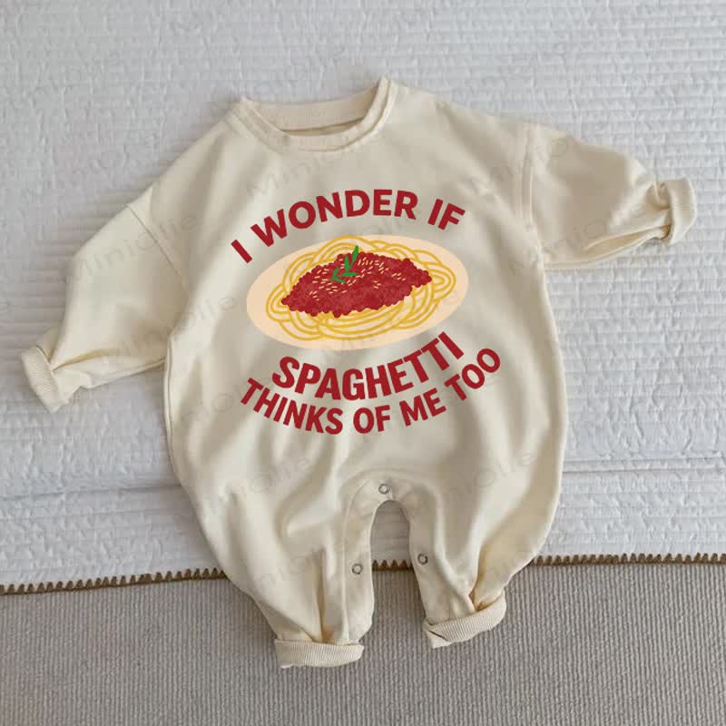 I WONDER IF SPAGHETTI THINKS OF ME TOO？ベビーベージュロンパース - ベージュ - 2～3歳 - image 1