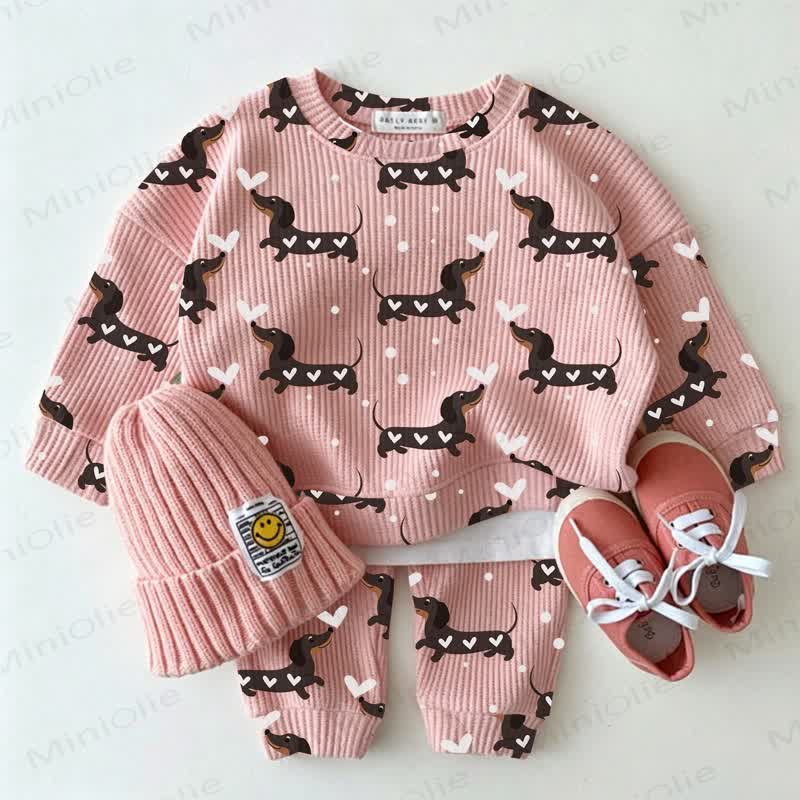 ダックスフンドとハート柄のベビー用ピンクワッフル生地2点セット - ピンク - 2～3歳 - image 1