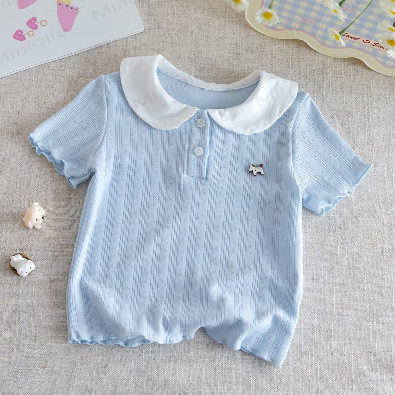 幼児用リブ編みピーターパンカラー半袖Tシャツ - 青 - 6～7歳 - image 4