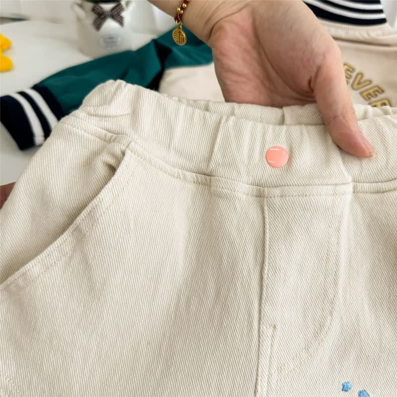 幼児男の子用ベージュの電車柄パッチ付きゴムウエストパンツ - image 3