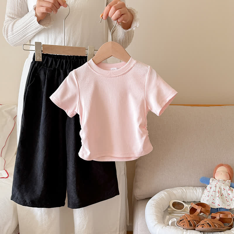 幼児・キッズ ガールズ リブ編みTシャツ＆パンツ 2点セット - ピンク＆ブラック - 10-11歳 - image 2
