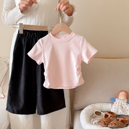 幼児・キッズ ガールズ リブ編みTシャツ＆パンツ 2点セット - ピンク＆ブラック - 10-11歳 - image 2