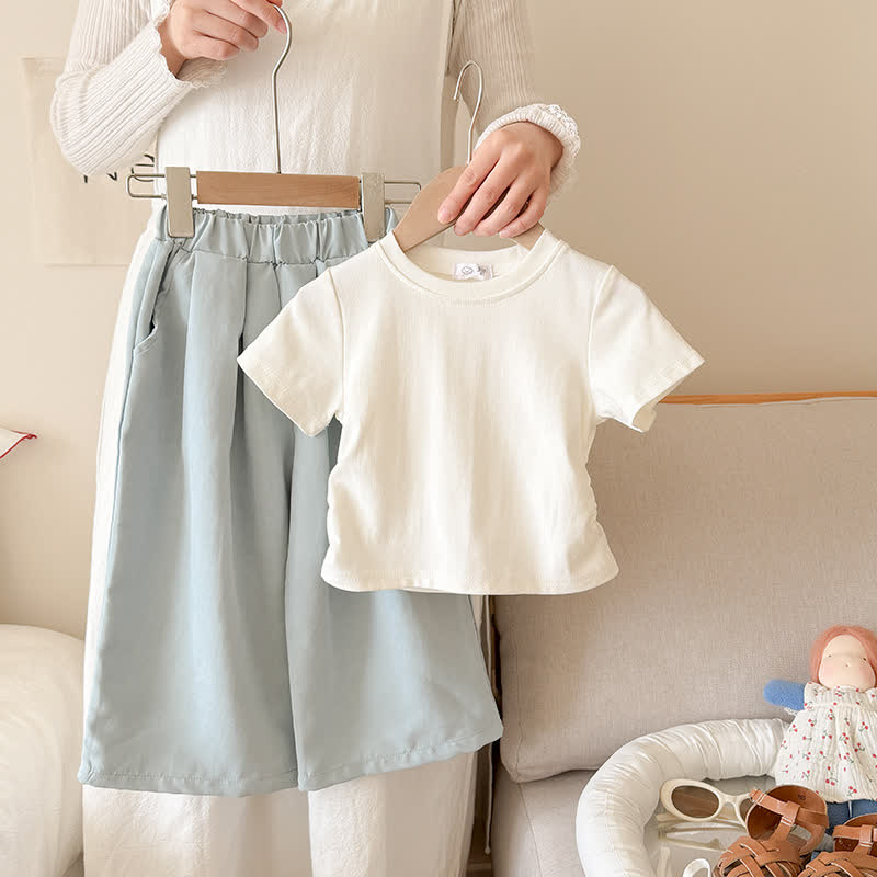 幼児・キッズ ガールズ リブ編みTシャツ＆パンツ 2点セット - ベージュ＆ブルー - 10-11歳 - image 5