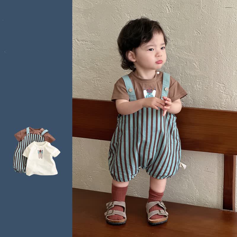 ベビー用ヴィンテージブルーストライプオーバーオールまたはブラウンTシャツ - image 1