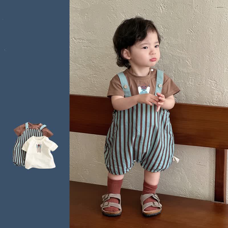 ベビー用ヴィンテージブルーストライプオーバーオールまたはブラウンTシャツ - image 1