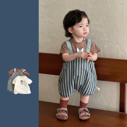ベビー用ヴィンテージブルーストライプオーバーオールまたはブラウンTシャツ - image 1