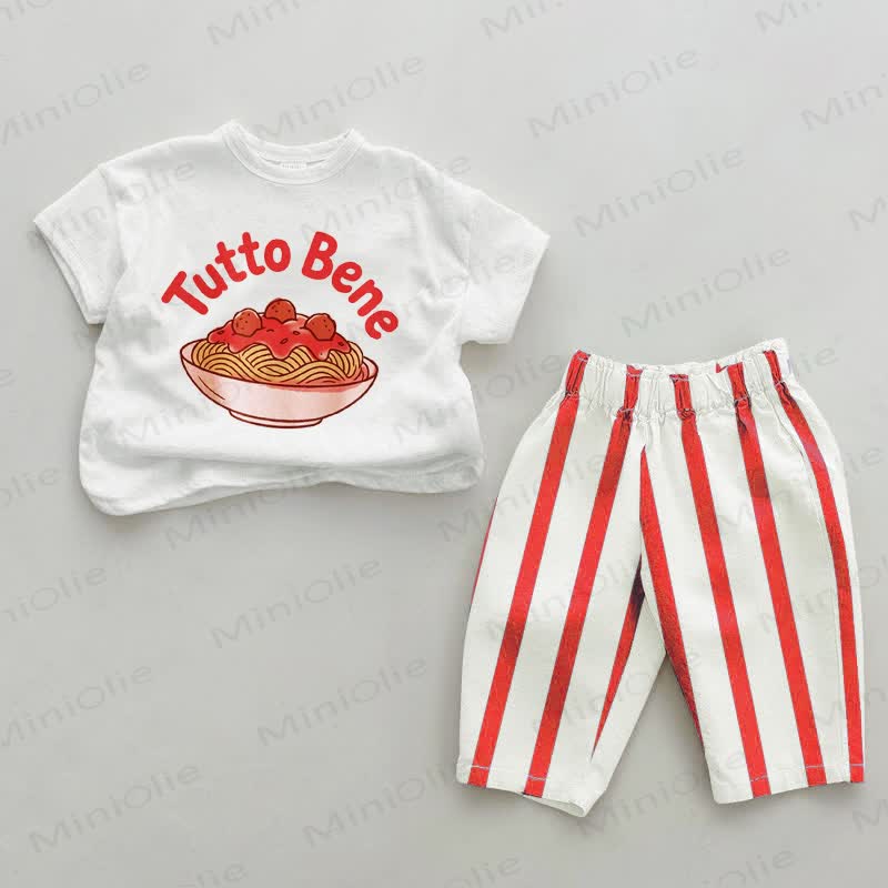TUTTO BENEベビーレッドストライプパンツ2点セット - 白と赤 - 4～5歳 - image 1