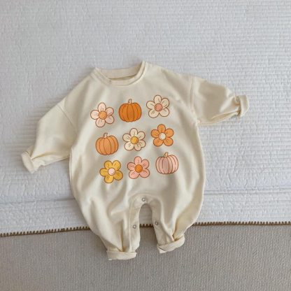 ベビー用フラワー＆パンプキンベージュロンパース - ベージュ - 2～3歳 - image 1