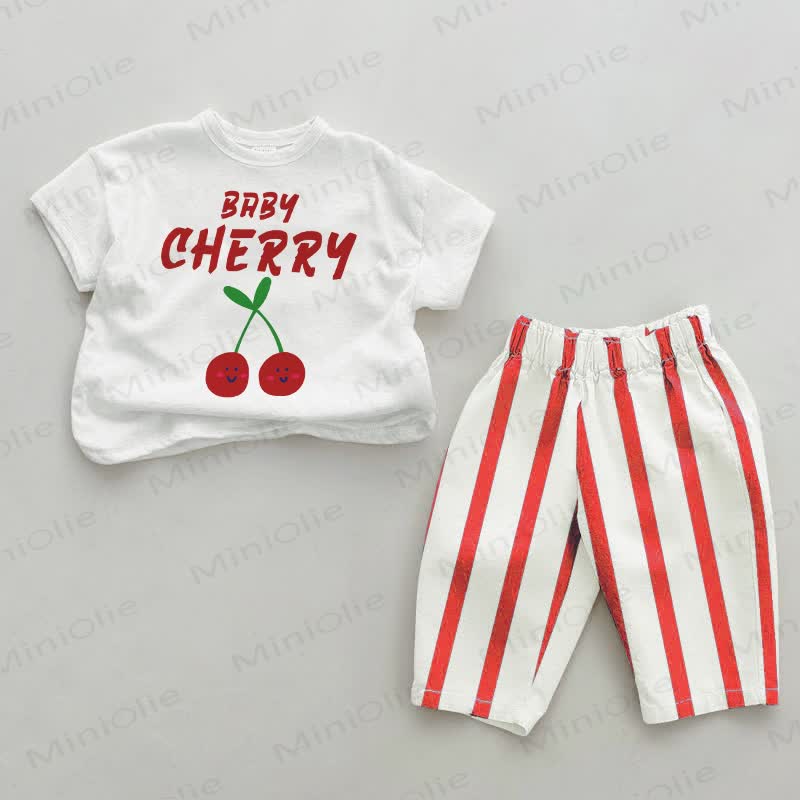 BABY CHERRYベビー用 ホワイト＆レッド 縦ストライプ 2点セット - 白と赤 - 4～5歳 - image 1