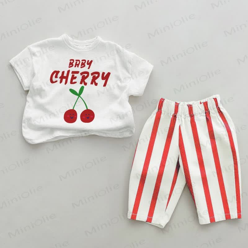 BABY CHERRYベビー用 ホワイト＆レッド 縦ストライプ 2点セット - 白と赤 - 4～5歳 - image 1