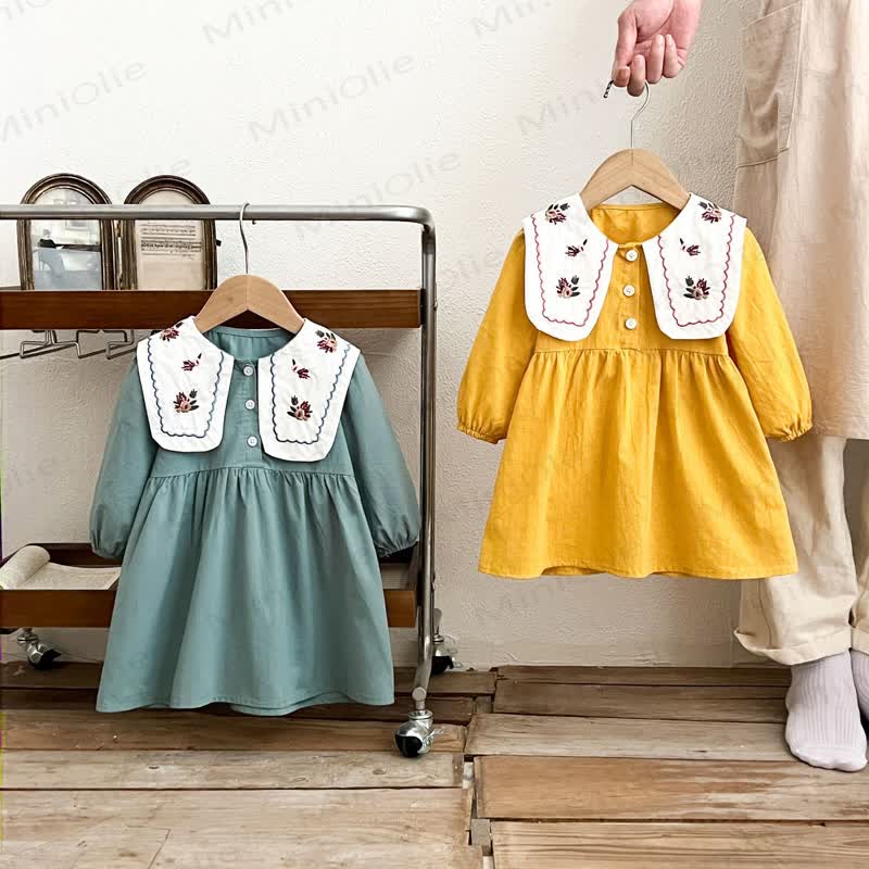 少女用ヴィンテージ刺繍入り襟付き長袖Dress - image 3