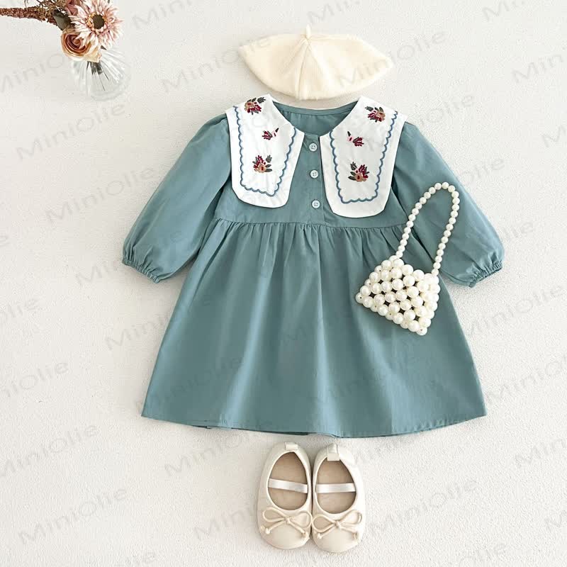 少女用ヴィンテージ刺繍入り襟付き長袖Dress - 青 - 6～7歳 - image 5