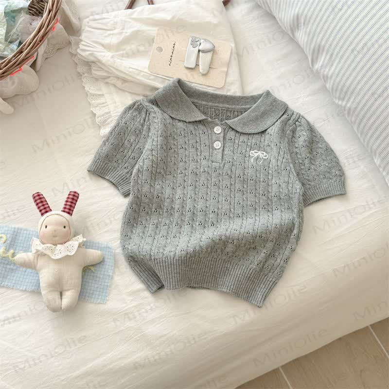 幼児用女の子リボン付きニットTシャツ - グレー - 8-9T - image 3
