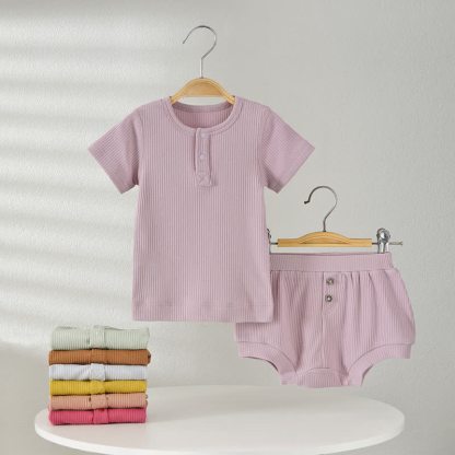 ベビー用無地リブ編みTシャツ＆ショートパンツ2点セットパジャマ - image 1