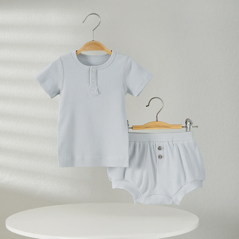 ベビー用無地リブ編みTシャツ＆ショートパンツ2点セットパジャマ - 青 - 2～3歳 - image 2