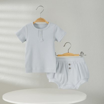 ベビー用無地リブ編みTシャツ＆ショートパンツ2点セットパジャマ - 青 - 2～3歳 - image 2