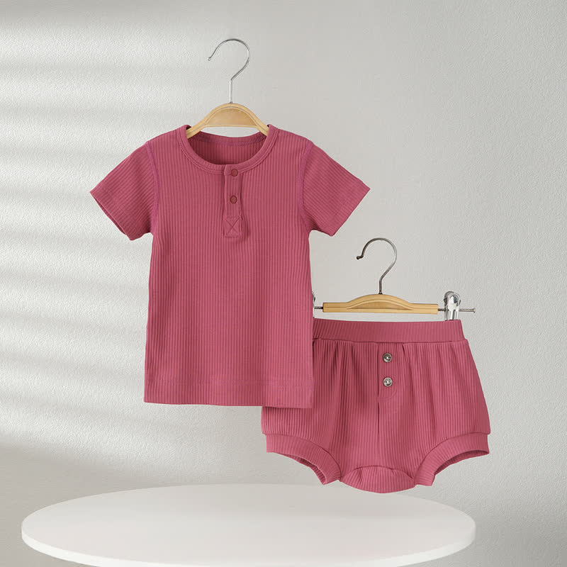 ベビー用無地リブ編みTシャツ＆ショートパンツ2点セットパジャマ - ピンク - 2～3歳 - image 4