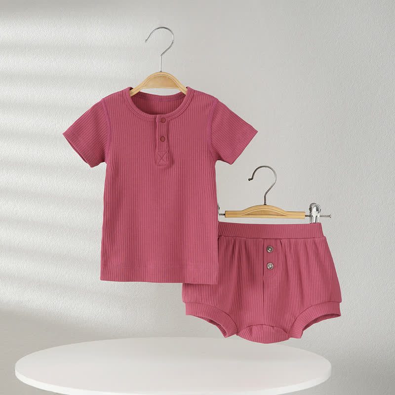 ベビー用無地リブ編みTシャツ＆ショートパンツ2点セットパジャマ - ピンク - 2～3歳 - image 4