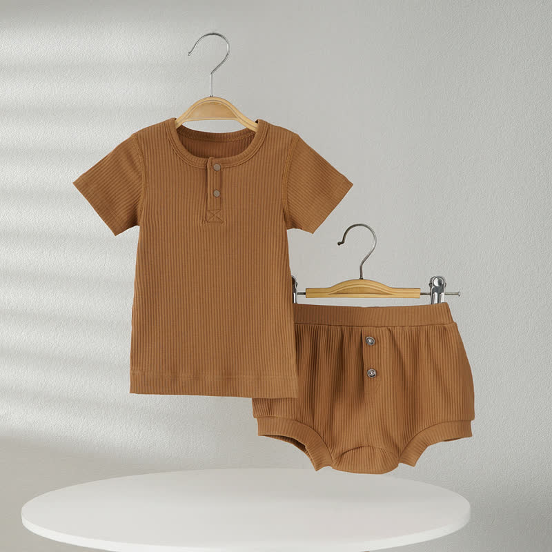 ベビー用無地リブ編みTシャツ＆ショートパンツ2点セットパジャマ - 茶色 - 2～3歳 - image 5