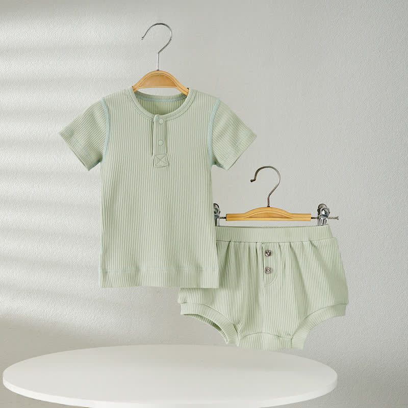ベビー用無地リブ編みTシャツ＆ショートパンツ2点セットパジャマ - 緑 - 2～3歳 - image 7