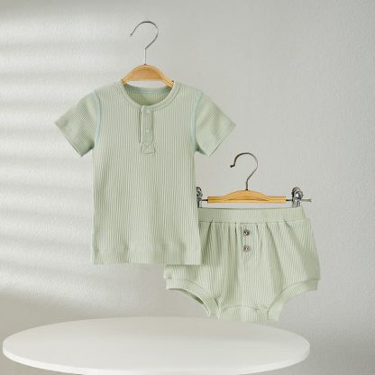 ベビー用無地リブ編みTシャツ＆ショートパンツ2点セットパジャマ - 緑 - 2～3歳 - image 7