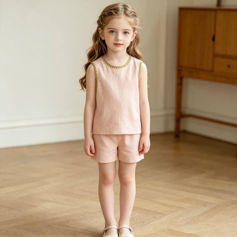 幼児用女の子向けピンクのノースリーブトップスとショートパンツのツーピースセット - image 4