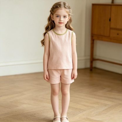 幼児用女の子向けピンクのノースリーブトップスとショートパンツのツーピースセット - image 4