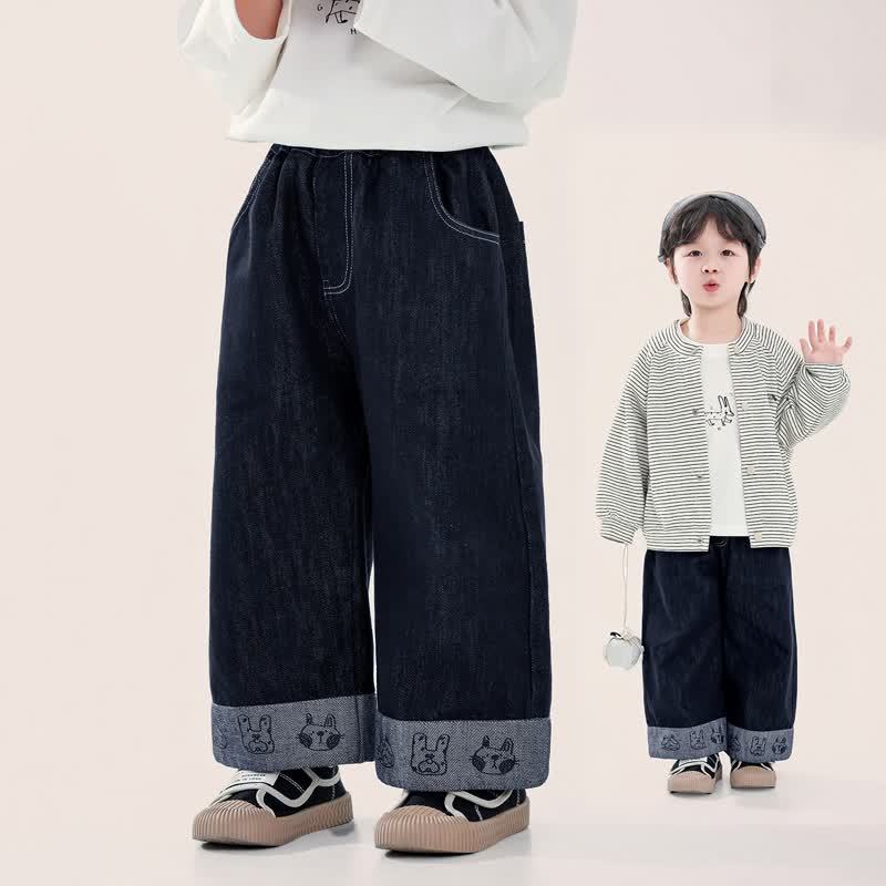 幼児用女の子向け動物刺繍入りワイドレッグデニムパンツ - image 1