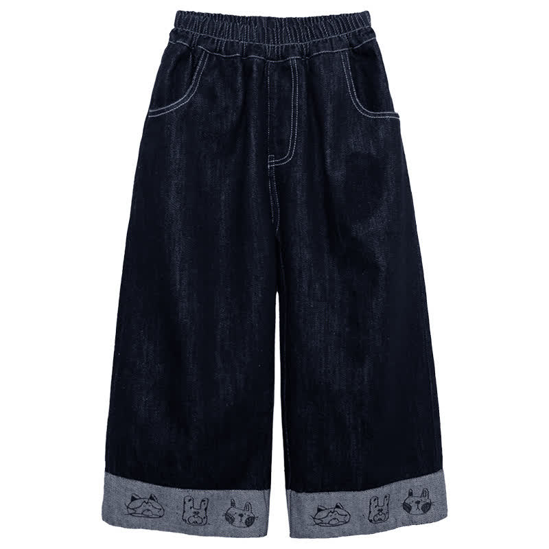 幼児用女の子向け動物刺繍入りワイドレッグデニムパンツ - 海軍 - 8-9T - image 2