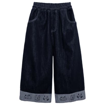 幼児用女の子向け動物刺繍入りワイドレッグデニムパンツ - 海軍 - 8-9T - image 2