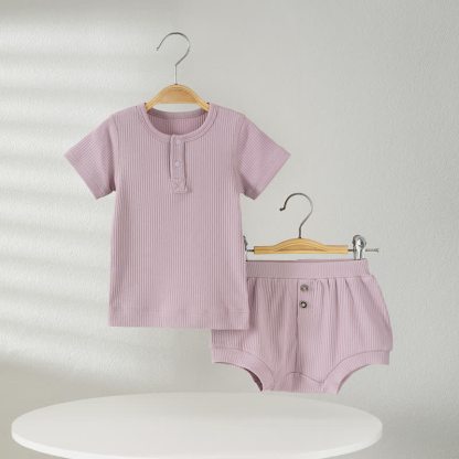 ベビー用無地リブ編みTシャツ＆ショートパンツ2点セットパジャマ - 紫 - 2～3歳 - image 6
