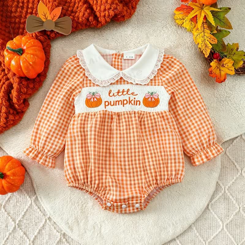 LITTLE PUMPKINベビーオレンジギンガムチェックスモックボディスーツ - image 1