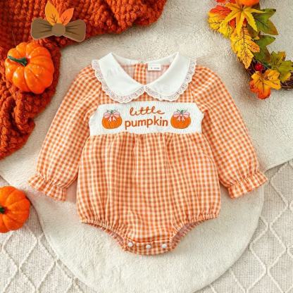 LITTLE PUMPKINベビーオレンジギンガムチェックスモックボディスーツ - image 1
