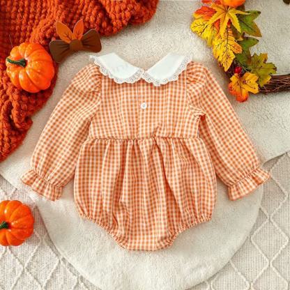 LITTLE PUMPKINベビーオレンジギンガムチェックスモックボディスーツ - image 2