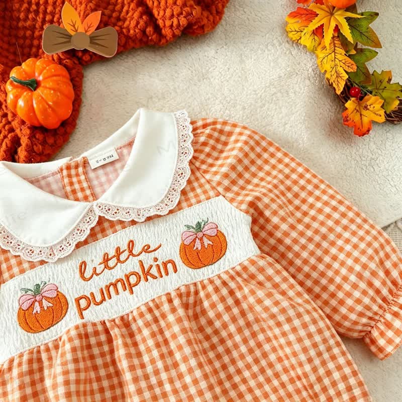 LITTLE PUMPKINベビーオレンジギンガムチェックスモックボディスーツ - image 4