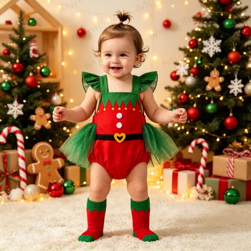 ベビーレッドのクリスマスエルフのフリルチュールボディスーツ - image 3